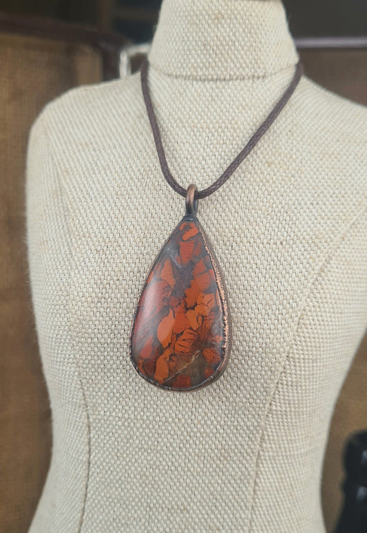 Brecciated Red Jasper Pendant - Teardrop Gemstone - Copper Electroformed