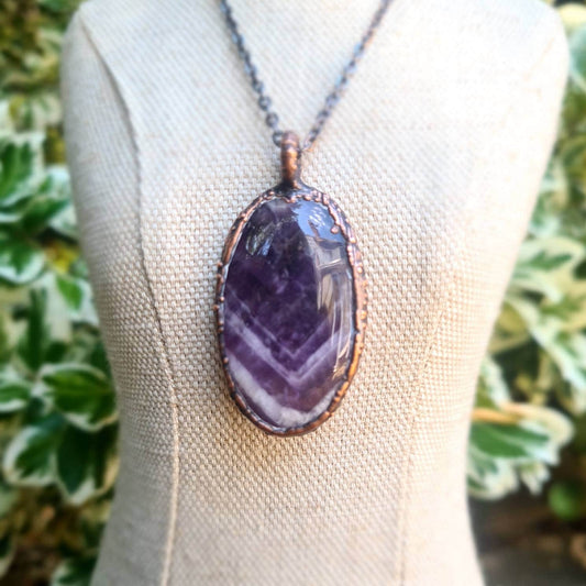 Chevron Amethyst Pendant - Oval Gemstone - Copper Electroformed