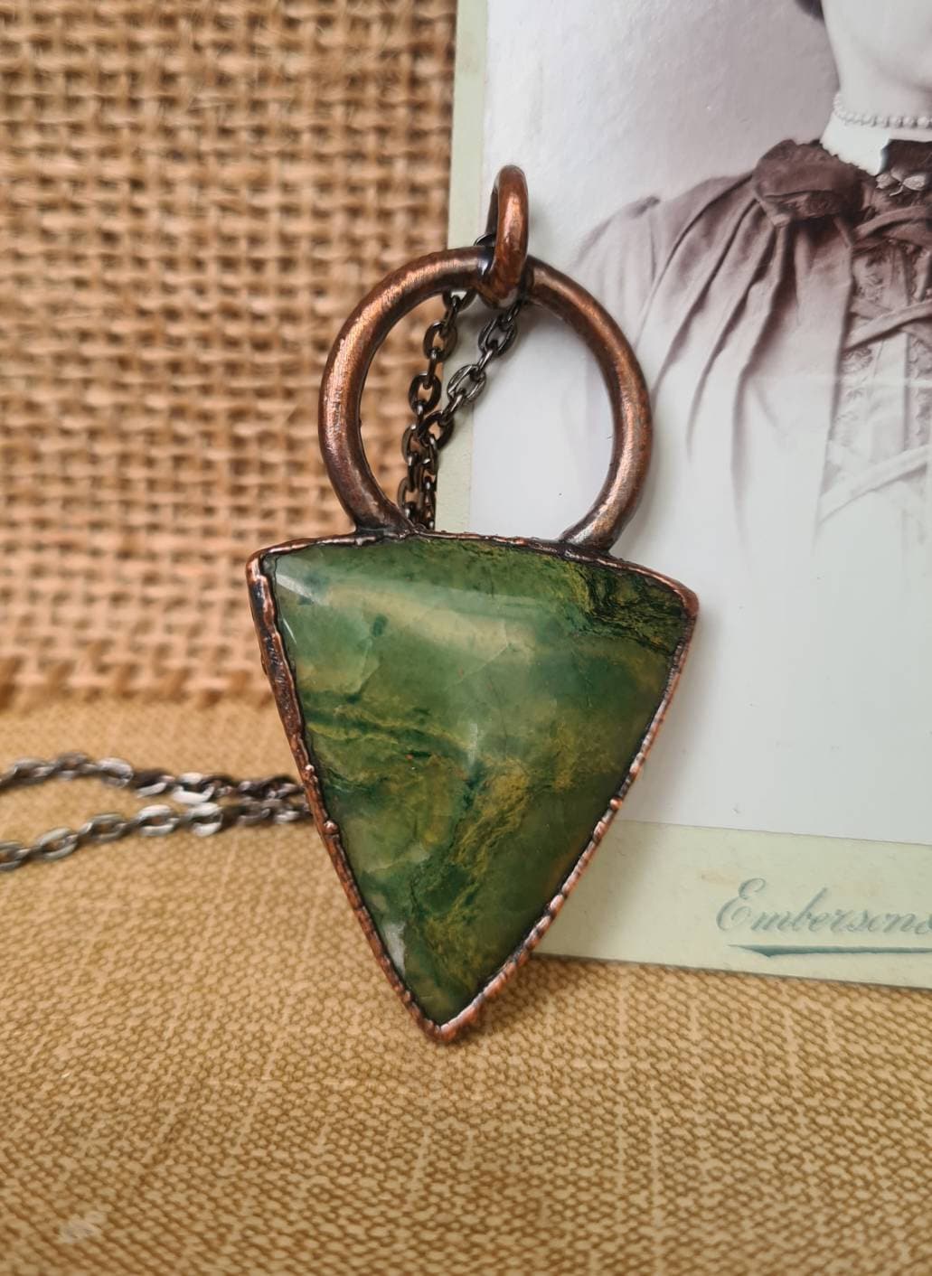 Green Moss Agate - Triangle Gemstone - Copper Electroformed