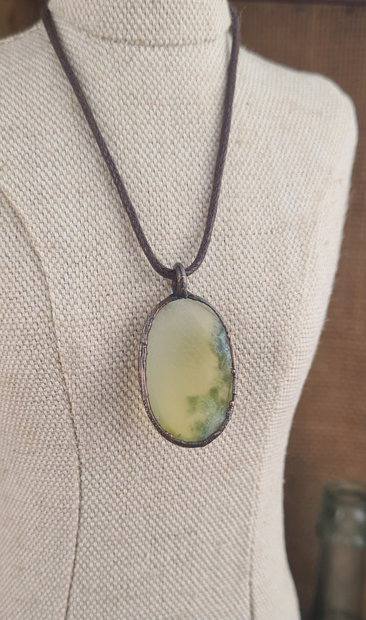 Yellow Prehnite Cabochon - Oval Gemstone - Copper Electroformed