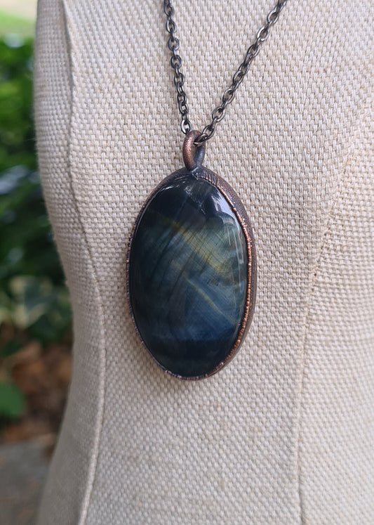Blue Tigers Eye Pendant - Oval Gemstone - Copper Electroformed