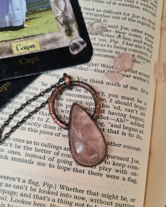 Rose Quartz Pendant - Teardrop Gemstone - Copper Electroformed