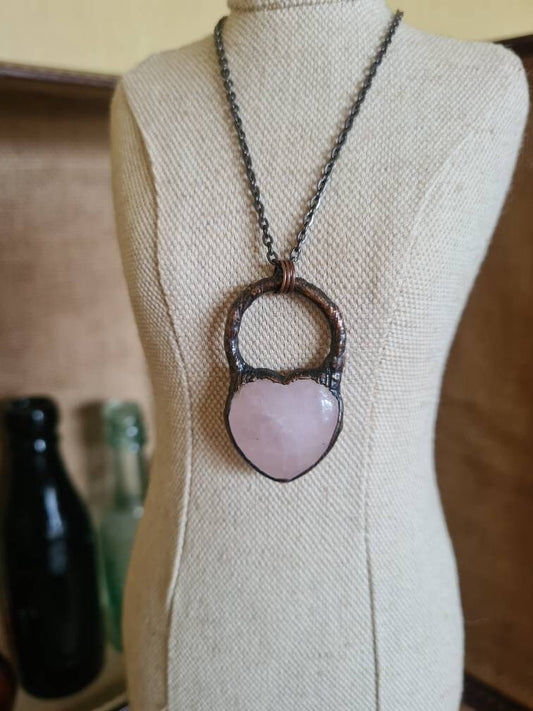 Rose Quartz Pendant - Heart Gemstone - Copper Electroformed