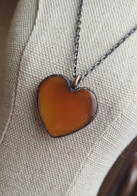 Orange Carnelian Pendant - Heart Gemstone - Copper Electroformed