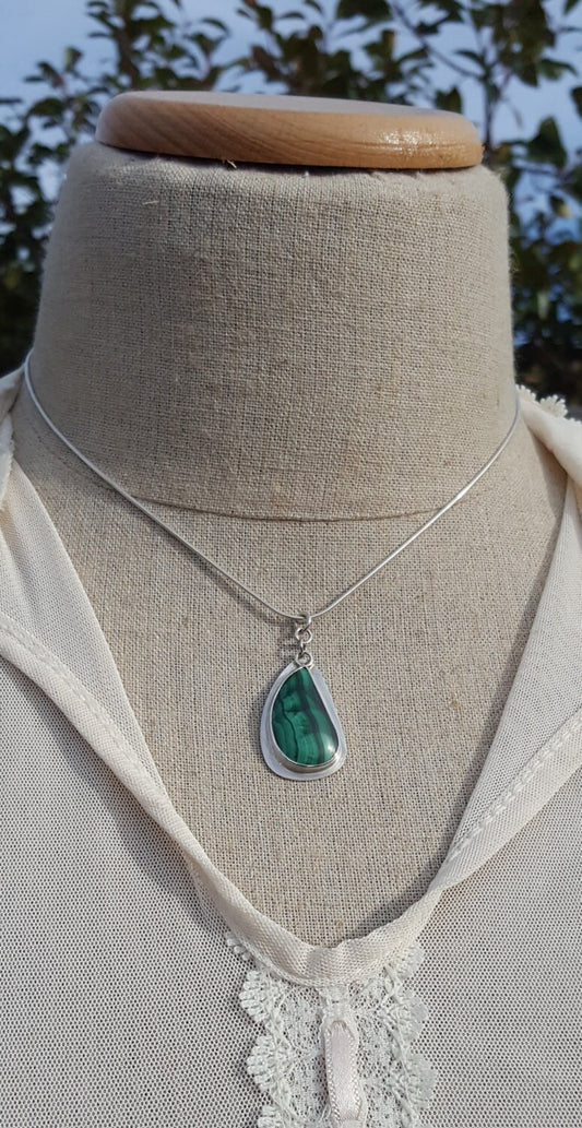 Green Malachite Pendant - Teardrop Gemstone - Sterling Silver