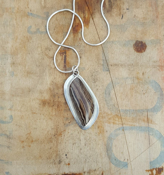 Brown Fossilized Wood Pendant - Freeform Gemstone - Sterling Silver