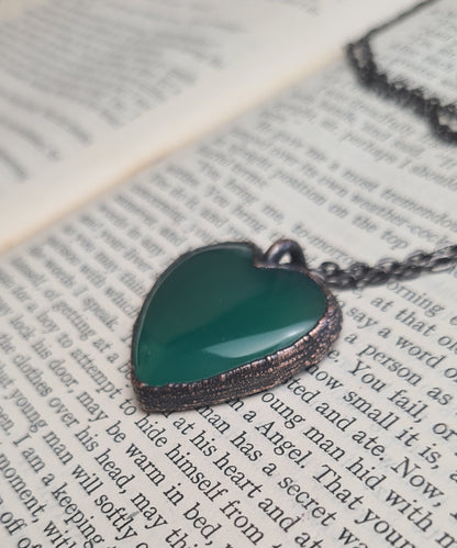 Green Onyx Pendant - Heart Gemstone - Copper Electroformed
