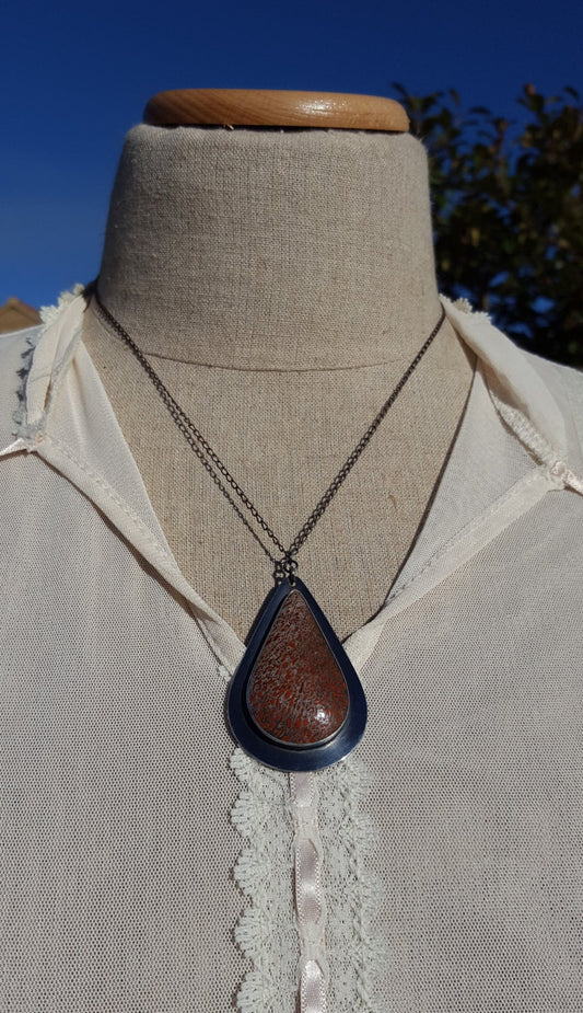 Orange Fossilized Dinosaur Bone Pendant - Teardrop Gemstone - Sterling Silver