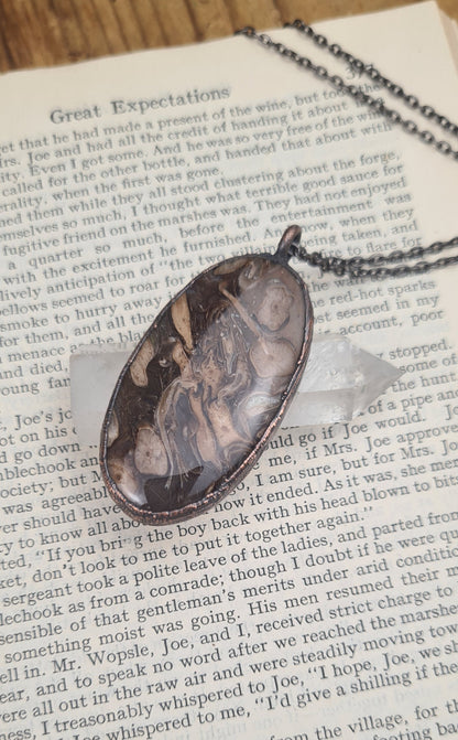 Brown Fossil Chalcedony Pendant - Oval Gemstone - Copper Electroformed
