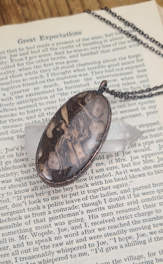 Brown Fossil Chalcedony Pendant - Oval Gemstone - Copper Electroformed