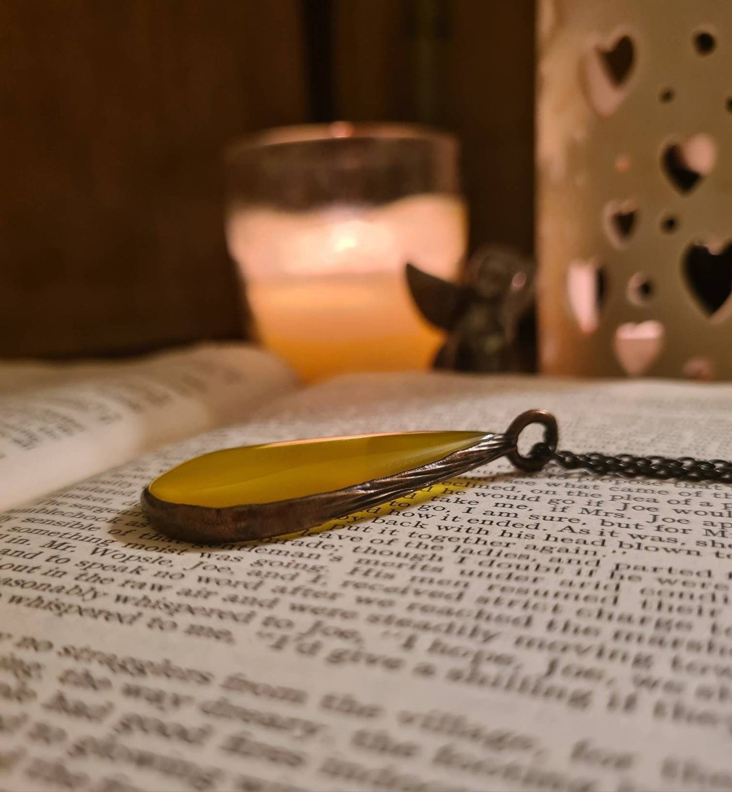 Yellow Onyx Pendant - Teardrop Gemstone - Copper Electroformed