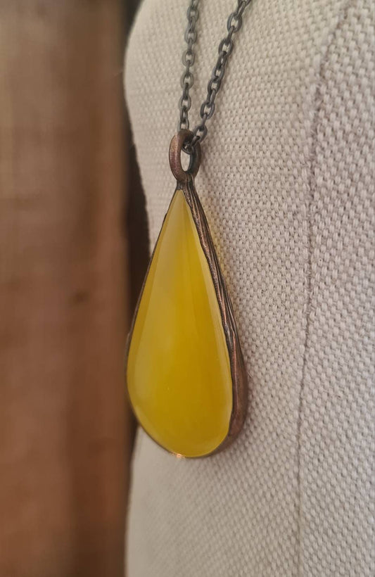 Yellow Onyx Pendant - Teardrop Gemstone - Copper Electroformed