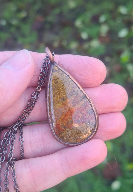 Yellow Moss Agate Pendant - Teardrop Gemstone - Copper Electroformed