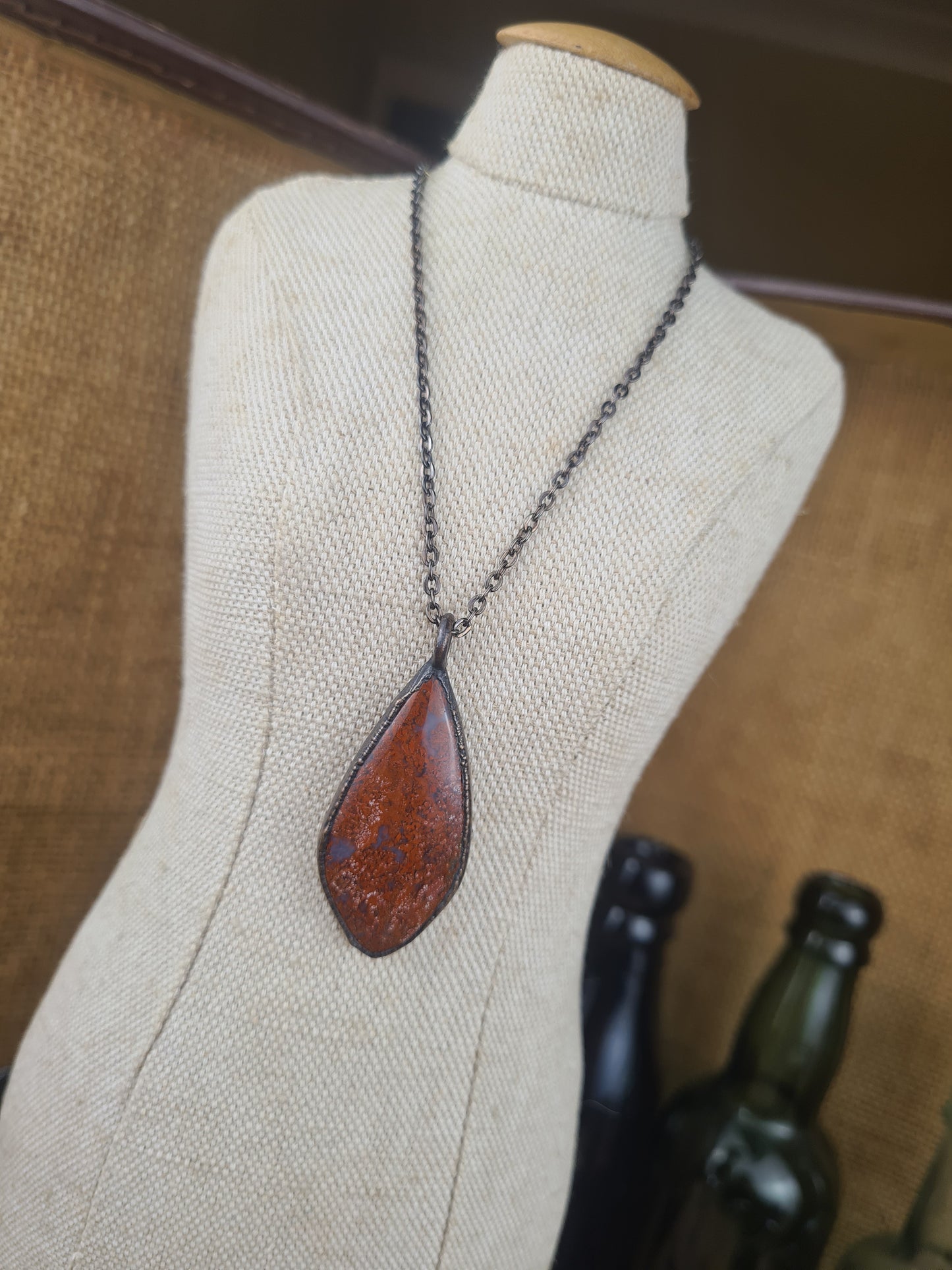 Red Moss Pendant - Freeform Gemstone - Copper Electroformed