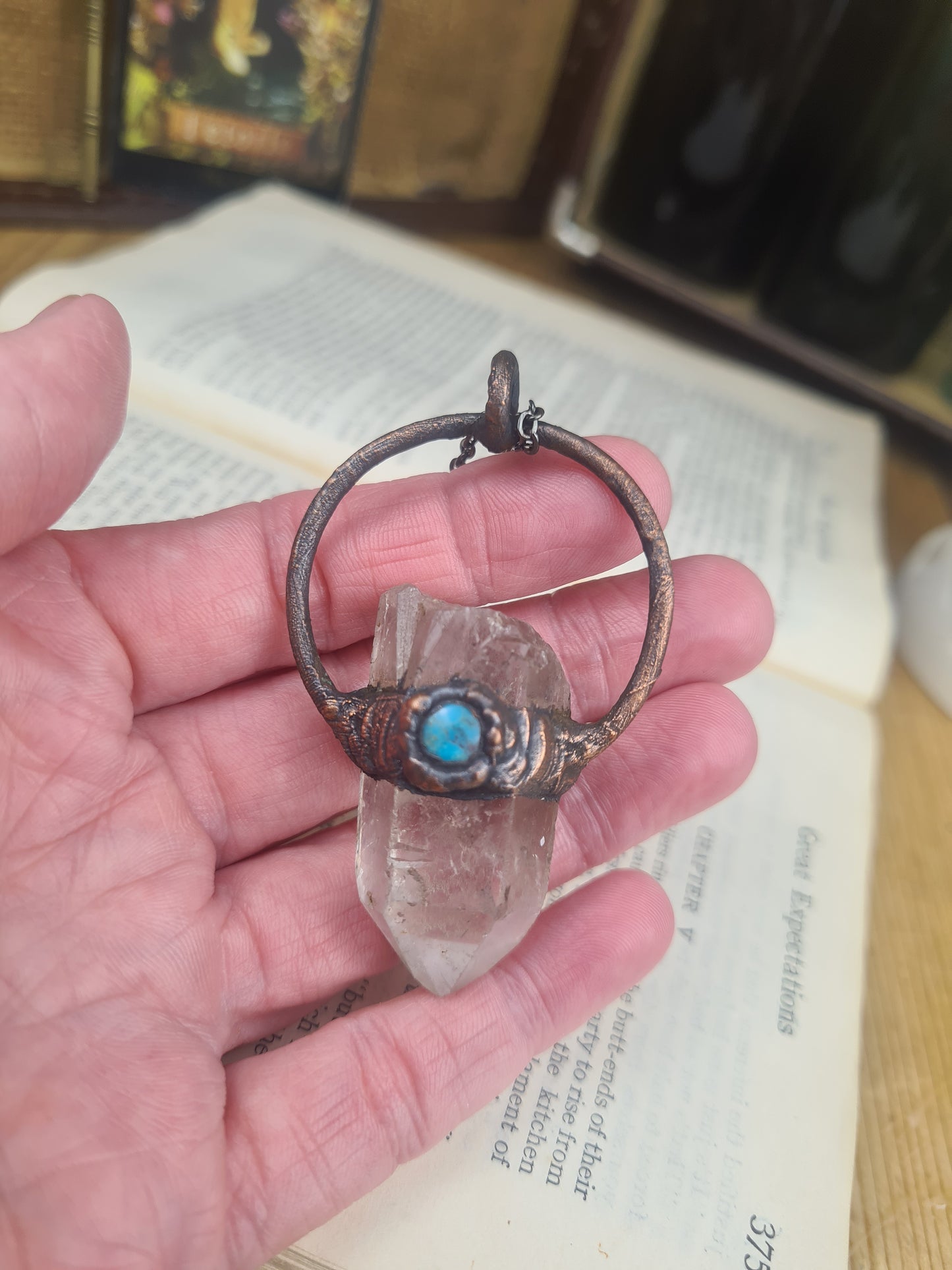 Raw Quartz and turquoise pendant, rustic jewelry, spiritual pendant, Wiccan, suncatcher, boho style, gemstones, natural crystals, hippie