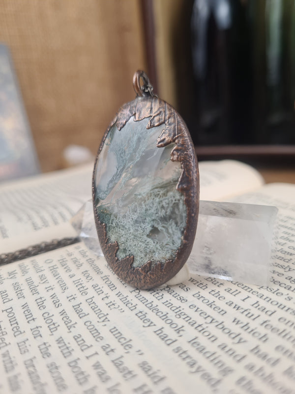 Green Moss Agate Pendant - Oval Gemstone - Copper Electroformed