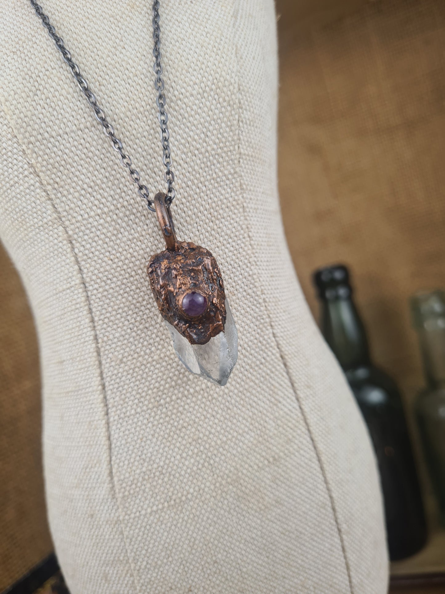 Quartz And Amethyst Pendant - Crystal Gemstone - Copper Electroformed
