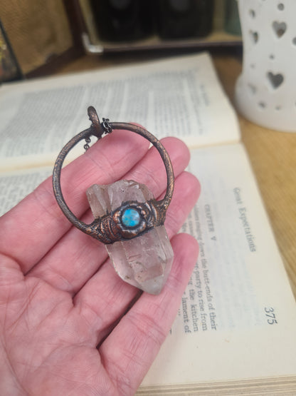 Raw Quartz and turquoise pendant, rustic jewelry, spiritual pendant, Wiccan, suncatcher, boho style, gemstones, natural crystals, hippie