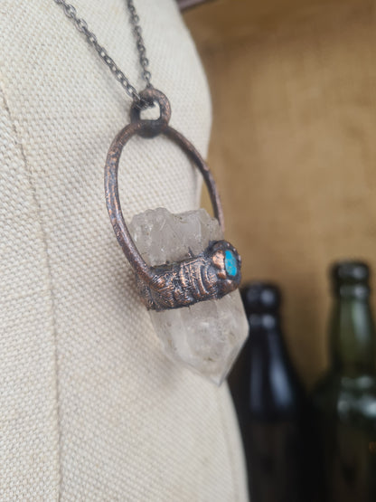 Raw Quartz and turquoise pendant, rustic jewelry, spiritual pendant, Wiccan, suncatcher, boho style, gemstones, natural crystals, hippie