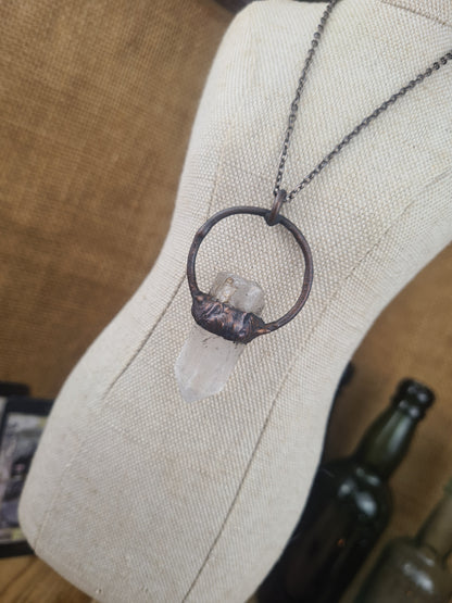 Quartz And Amber Pendant - Crystal Gemstone - Copper Electroformed