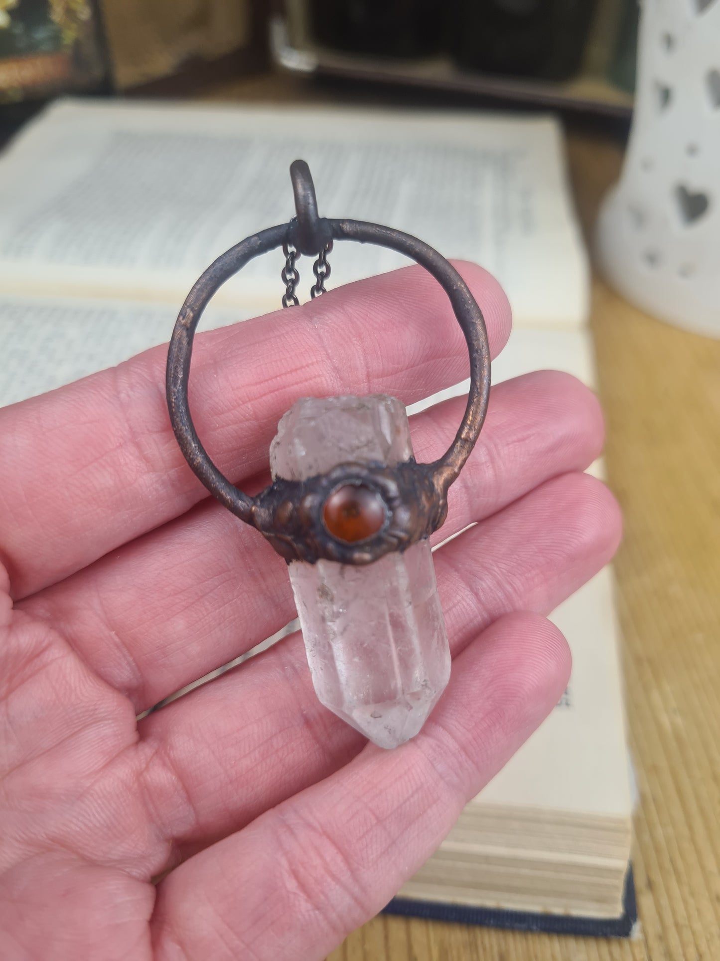 Quartz And Amber Pendant - Crystal Gemstone - Copper Electroformed