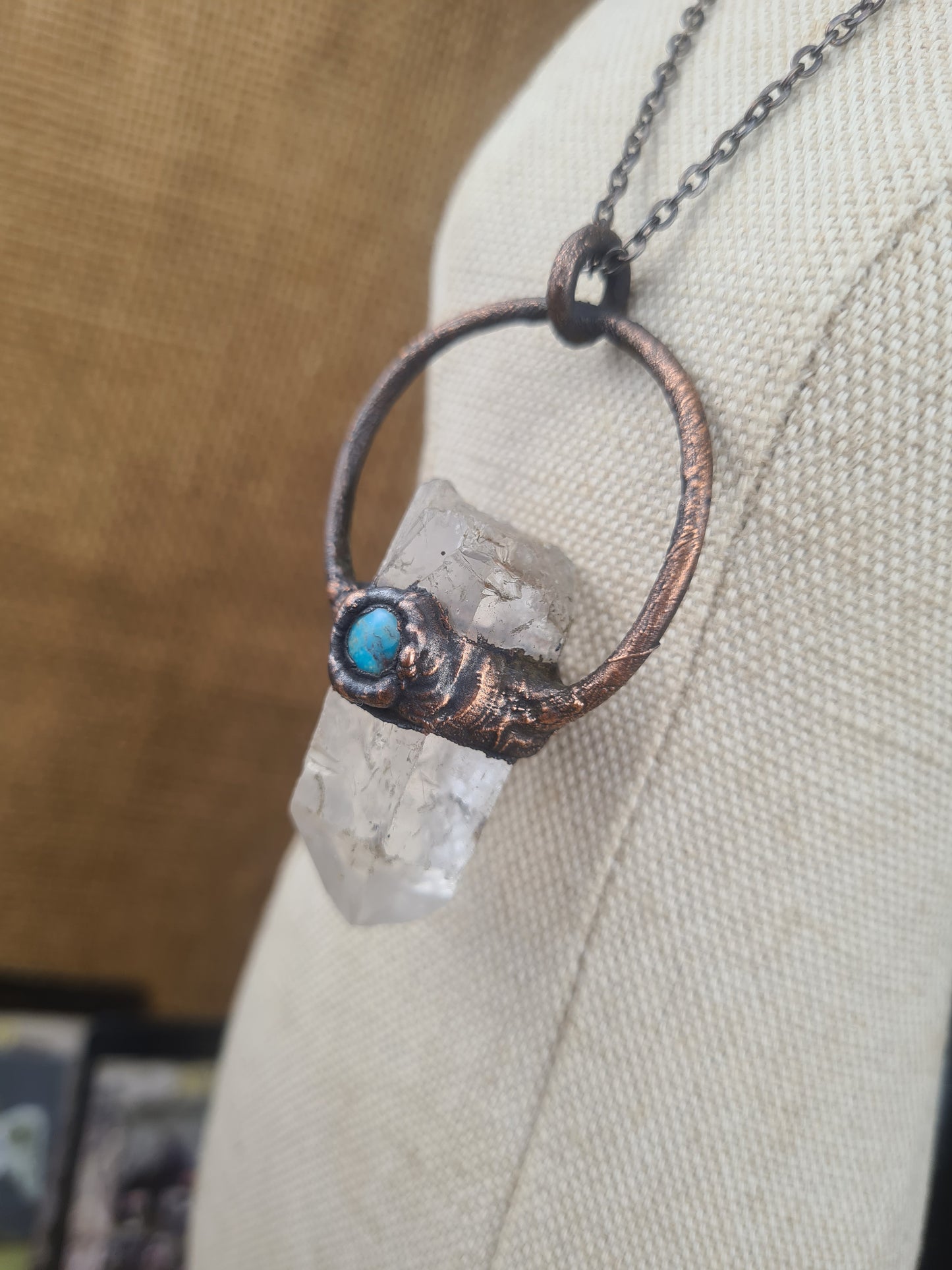 Raw Quartz and turquoise pendant, rustic jewelry, spiritual pendant, Wiccan, suncatcher, boho style, gemstones, natural crystals, hippie