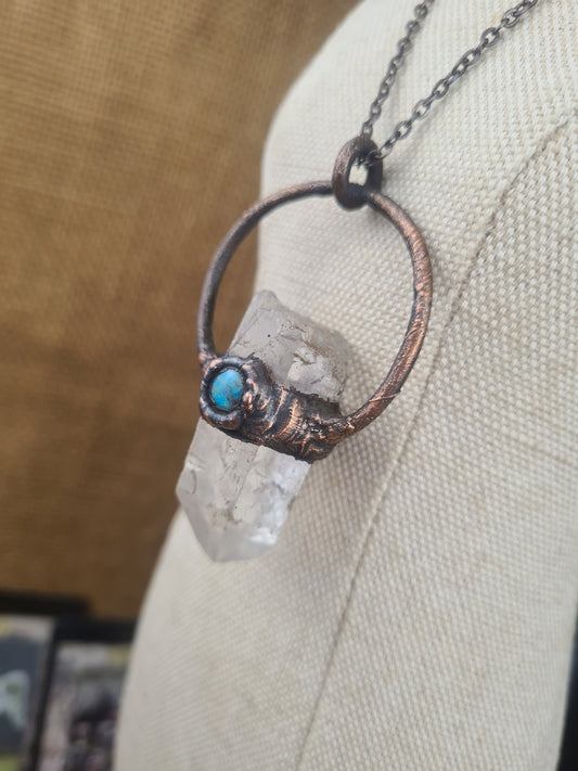Raw Quartz and turquoise pendant, rustic jewelry, spiritual pendant, Wiccan, suncatcher, boho style, gemstones, natural crystals, hippie