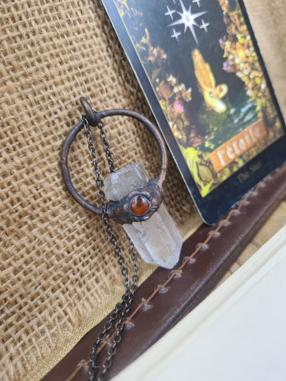 Quartz And Amber Pendant - Crystal Gemstone - Copper Electroformed