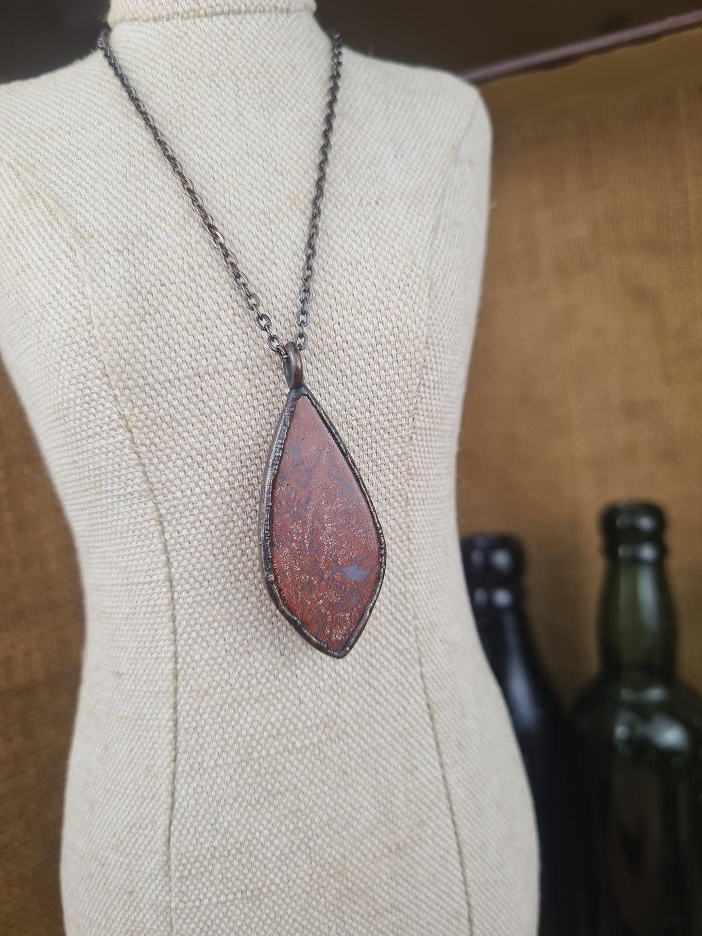 Red Moss Pendant - Freeform Gemstone - Copper Electroformed