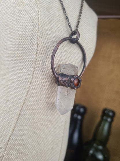 Quartz And Amber Pendant - Crystal Gemstone - Copper Electroformed