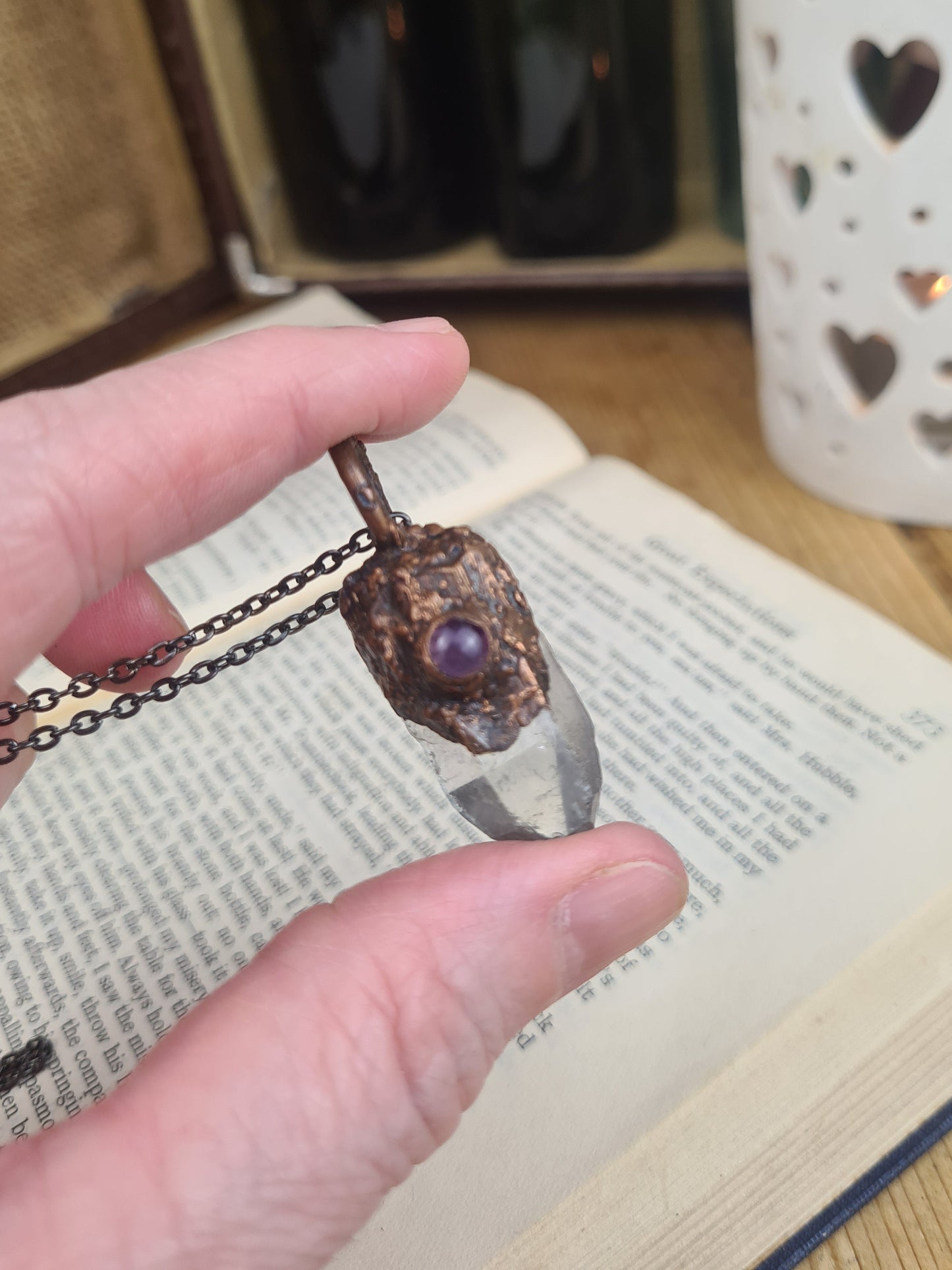 Quartz And Amethyst Pendant - Crystal Gemstone - Copper Electroformed