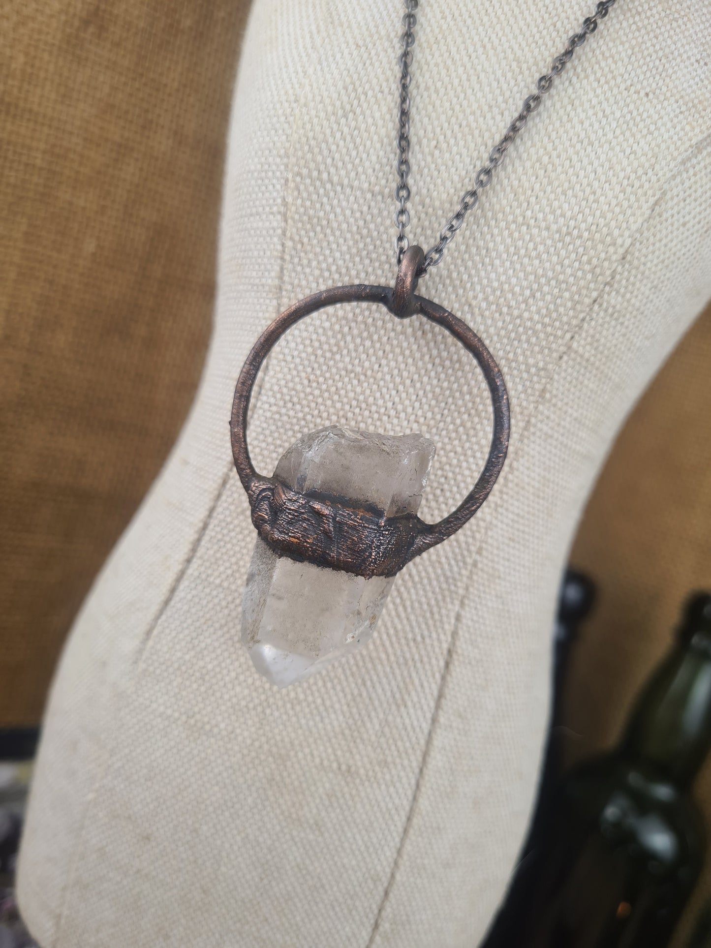 Raw Quartz and turquoise pendant, rustic jewelry, spiritual pendant, Wiccan, suncatcher, boho style, gemstones, natural crystals, hippie