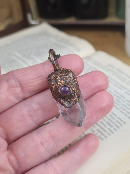 Quartz And Amethyst Pendant - Crystal Gemstone - Copper Electroformed