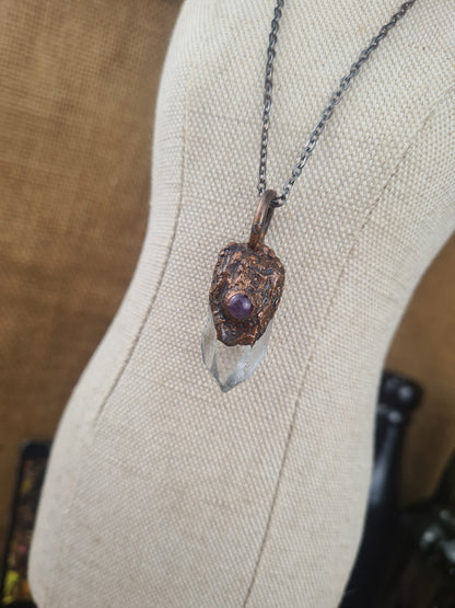 Quartz And Amethyst Pendant - Crystal Gemstone - Copper Electroformed