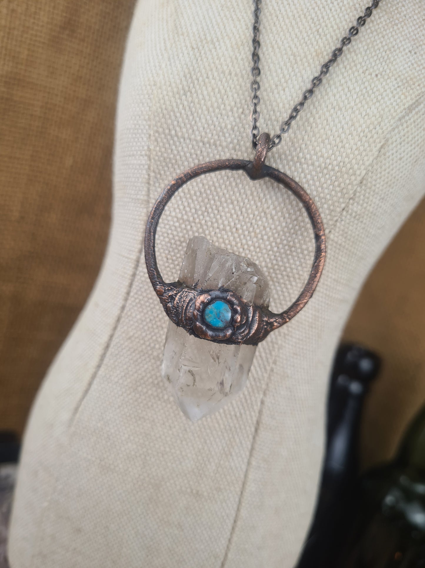 Raw Quartz and turquoise pendant, rustic jewelry, spiritual pendant, Wiccan, suncatcher, boho style, gemstones, natural crystals, hippie