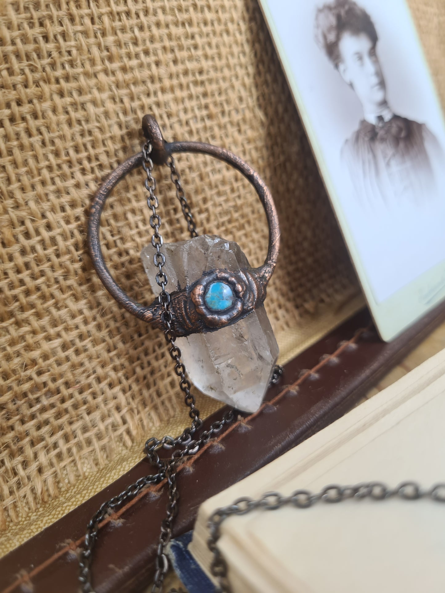 Raw Quartz and turquoise pendant, rustic jewelry, spiritual pendant, Wiccan, suncatcher, boho style, gemstones, natural crystals, hippie