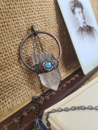 Raw Quartz and turquoise pendant, rustic jewelry, spiritual pendant, Wiccan, suncatcher, boho style, gemstones, natural crystals, hippie