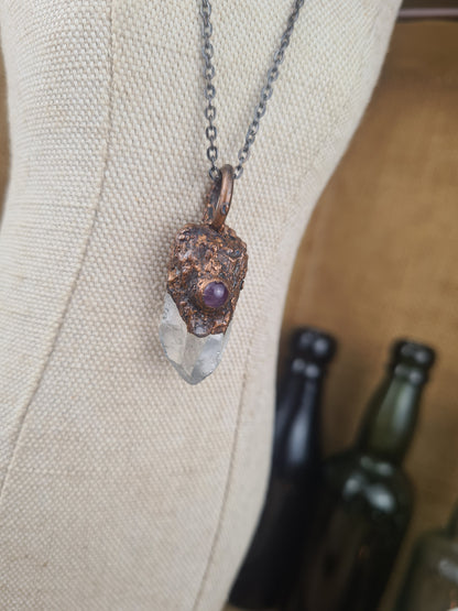 Quartz And Amethyst Pendant - Crystal Gemstone - Copper Electroformed